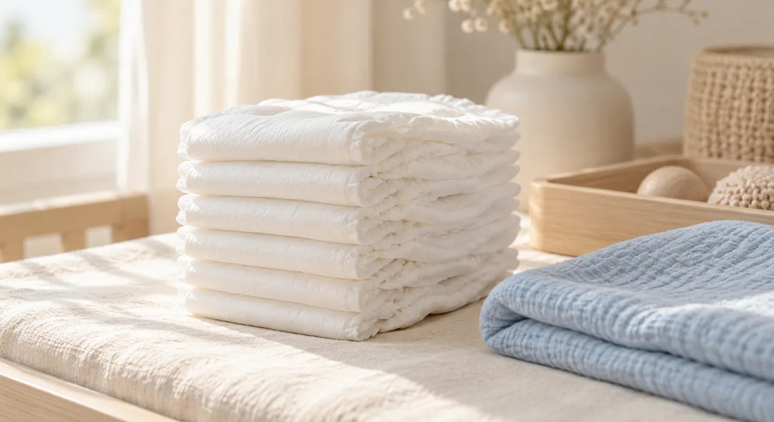 Pile de couches bébé blanches sans marque sur un linge crème, un lange bleu pastel plié à côté