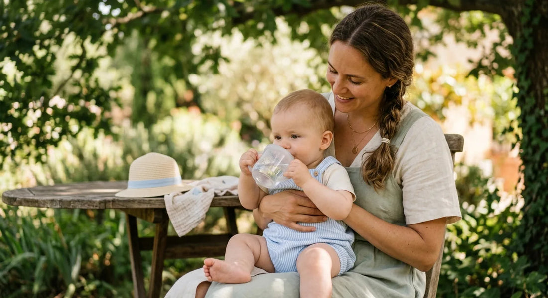 Bébé légèrement vêtu, à l'ombre, à qui un parent donne à boire par forte chaleur