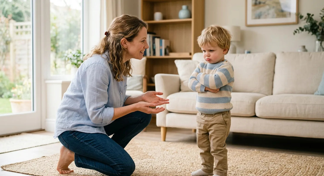 Parent accroupi au niveau de son tout-petit boudeur pour l'accompagner avec calme