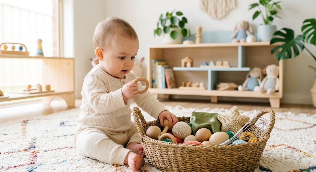 Bébé explorant un panier de decouverte sensorielle Montessori — Securidou