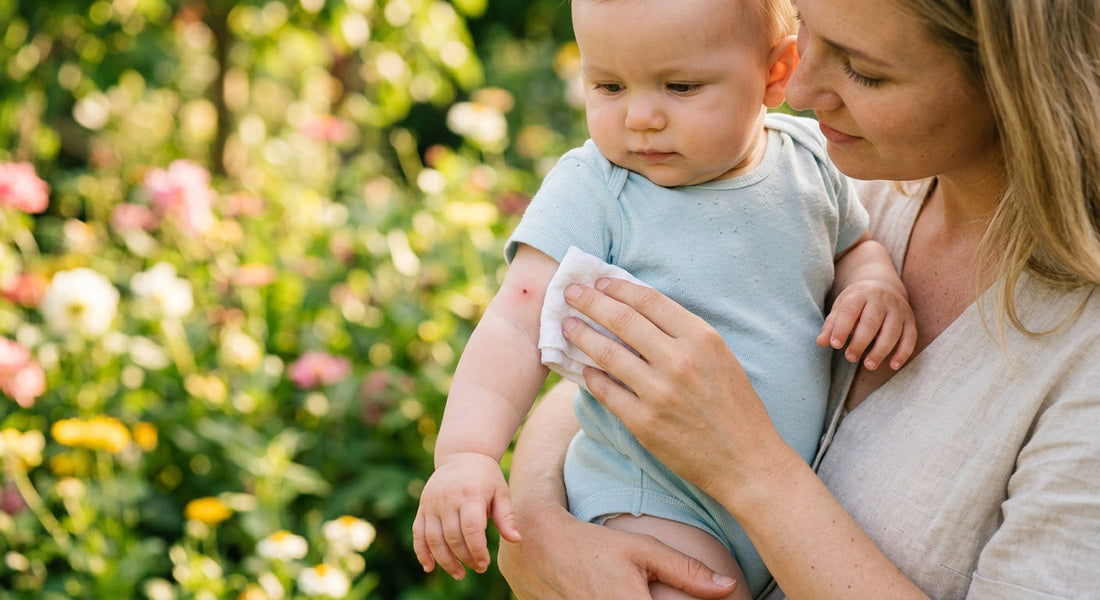 Parent appliquant une compresse froide sur une piqure insecte sur le bras de bébé | Securidou