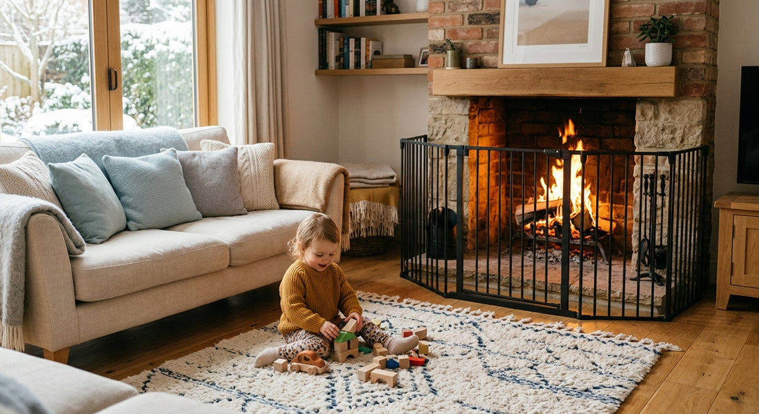 Pare-feu installe devant une cheminee avec bébé jouant a distance — Securidou