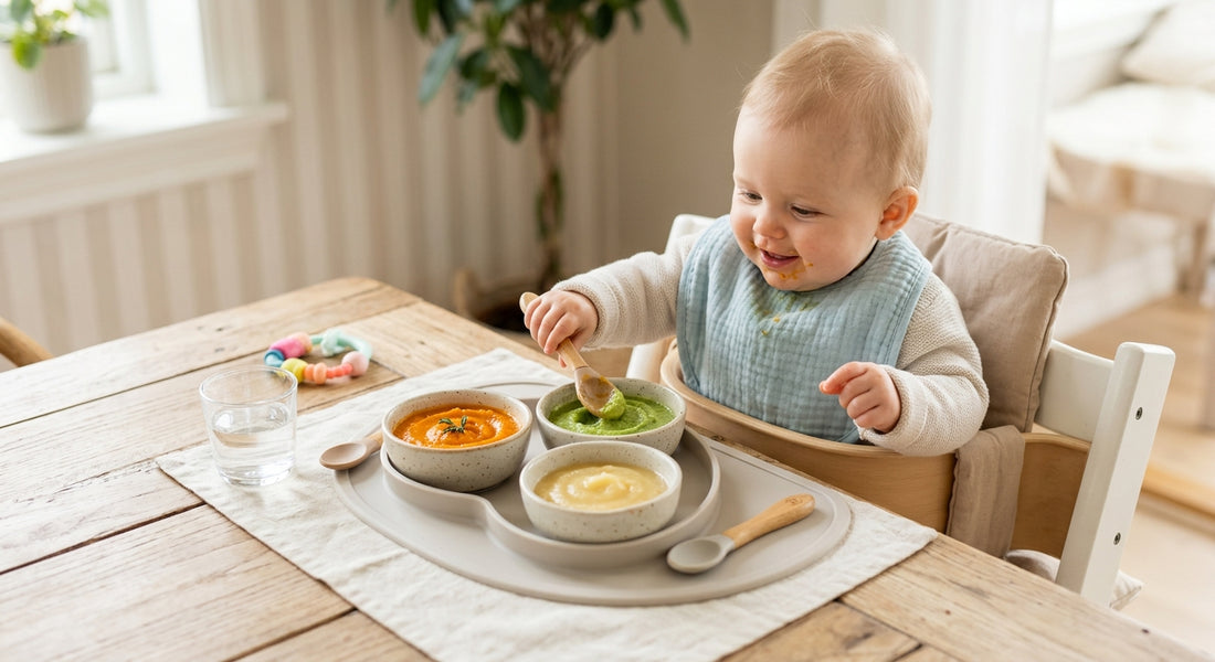 Plateau repas diversification bébé 6 mois avec purees colorees