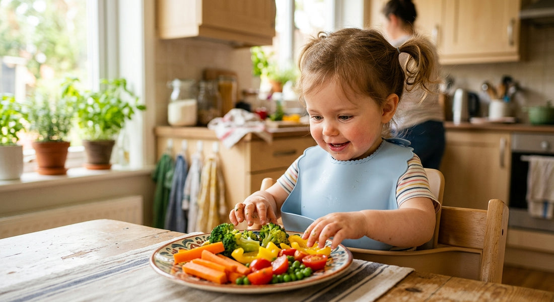 Enfant curieux regardant une assiette de legumes colores