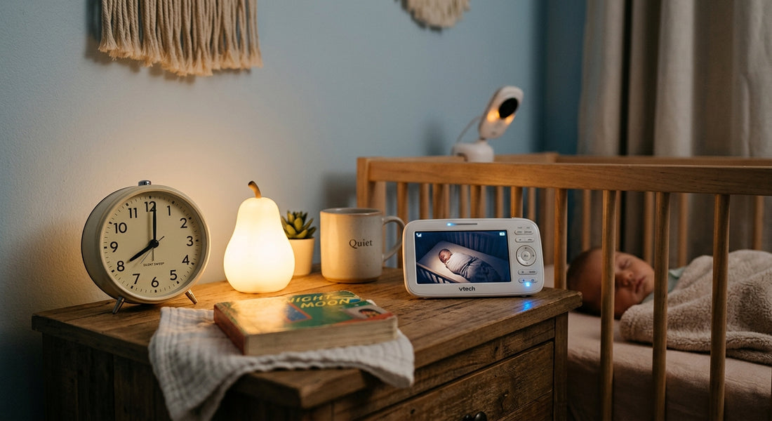 Horloge posee sur une table de nuit a cote d un babyphone