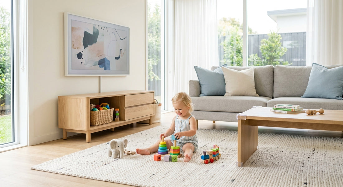 Salon securise pour bebe avec tele fixee au mur et coins de table proteges
