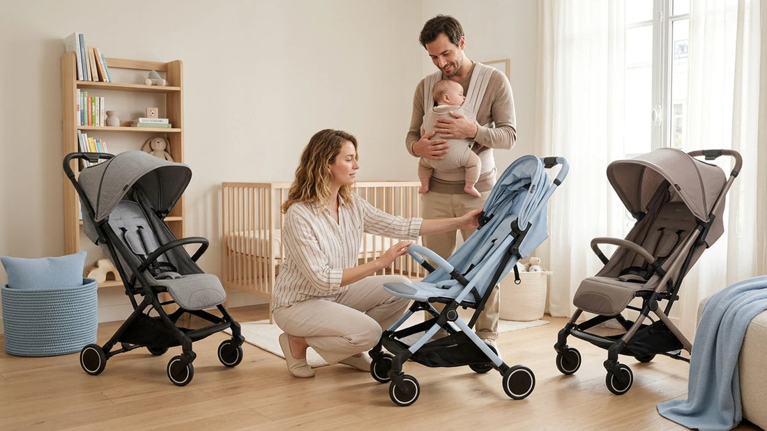Famille avec bébé, comparant trois poussettes légères dans une chambre lumineuse.