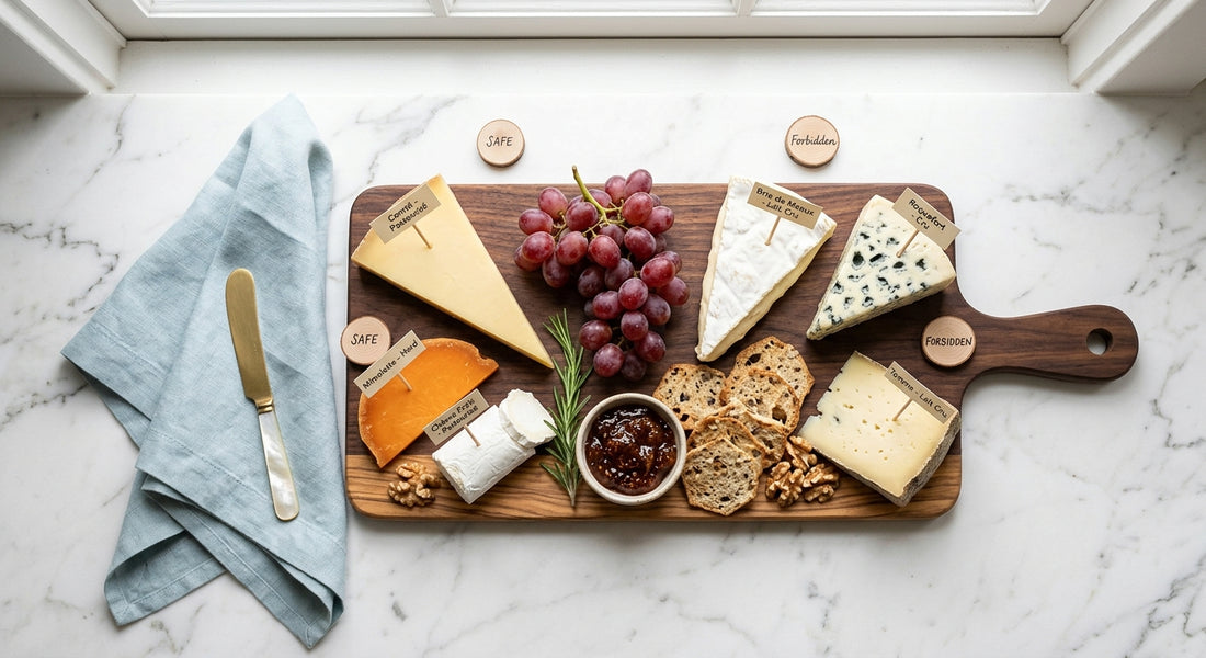 Plateau de fromages avec indication des fromages interdits pendant la grossesse