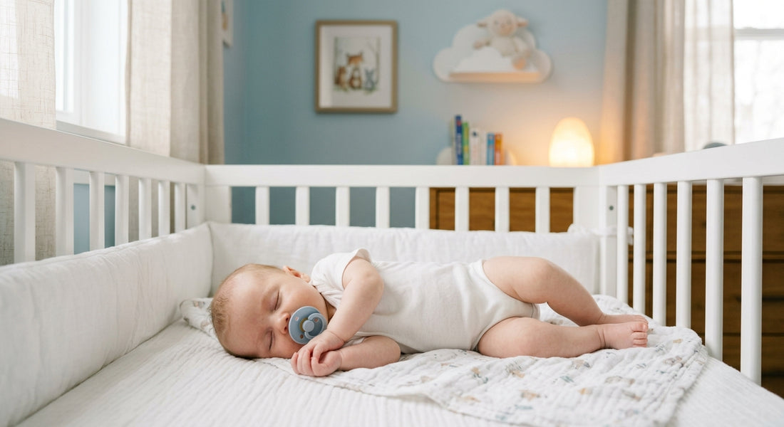 Bébé endormi paisiblement avec une tetine dans son berceau — Securidou