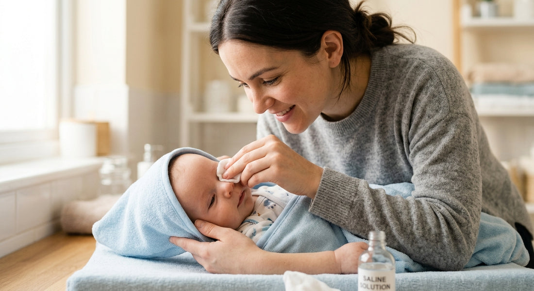 Parent nettoyant delicatement oeil de bébé avec une compresse et du serum physiologique