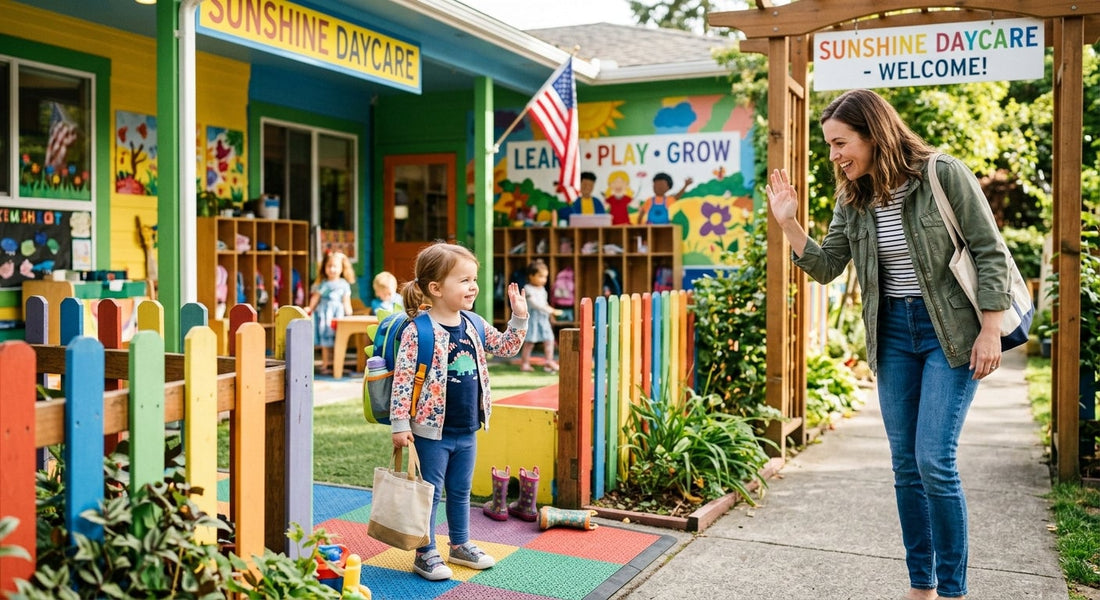 Maman et fillette souriantes se saluent devant une crèche colorée, ambiance joyeuse.
