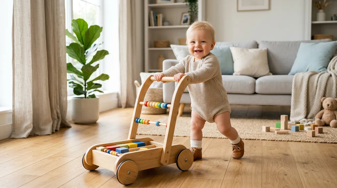 Bébé debout se tenant à un chariot de marche en bois sécurisé dans un salon lumineux | Securidou