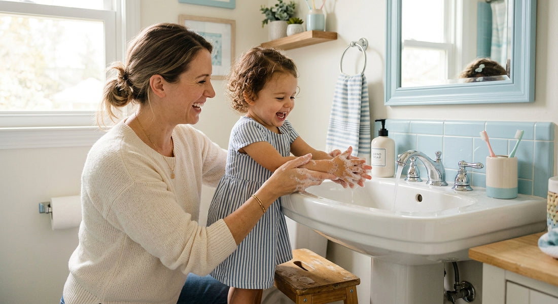 Parent lavant les mains de son enfant au lavabo avec du savon