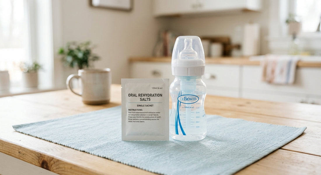 Sachet de SRO et biberon d eau sur une table pres d un bébé