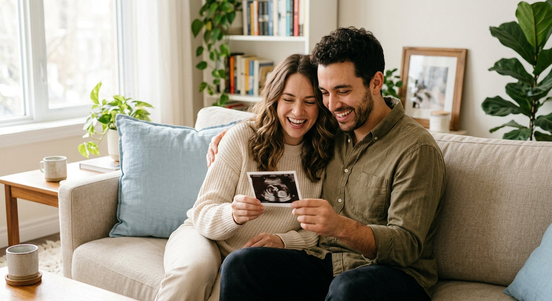 Un couple souriant et ému, assis sur un canapé, regarde ensemble une échographie de bébé.