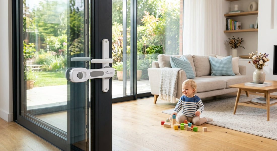 Systeme de blocage installe sur une porte coulissante vitrée pour sécurité bébé | Securidou