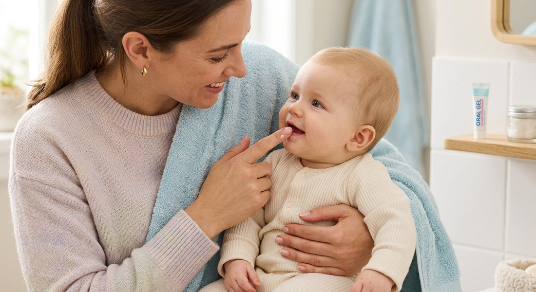 Parent appliquant un gel buccal avec son doigt dans la bouche de bébé