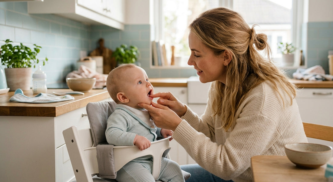 Mere examinant la bouche de son bébé lors du repas dans une cuisine lumineuse — Securidou