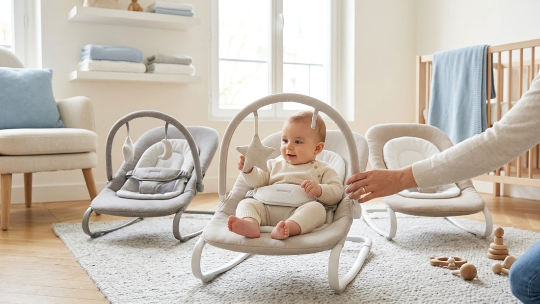 Bébé souriant dans un transat beige, main d'adulte, 2 autres transats, jouets en bois.