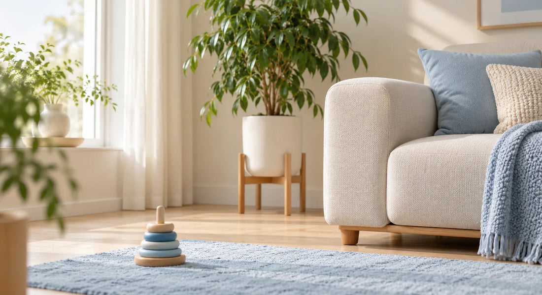 Ficus benjamina en pot blanc sur un support en bois à côté d’un canapé, tapis bleu et jouet en bois au sol