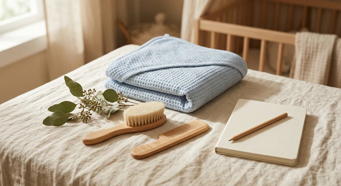 Serviette de bain bleu pastel et brosse douce : le moment du bain où l'on sent un ganglion derrière la tête de son bébé
