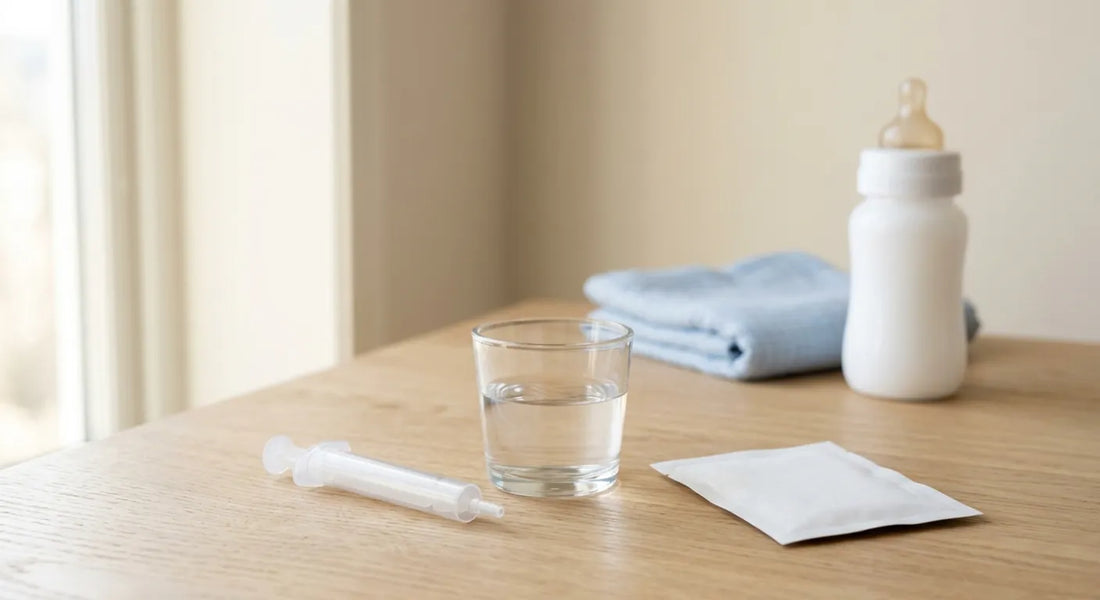 Seringue doseuse et verre d'eau préparés pour la réhydratation d'un bébé atteint de gastro-entérite