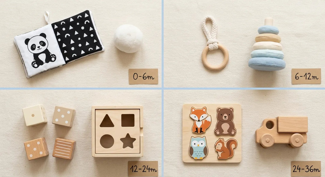 Sélection de jouets bébé sécurisés classés par tranche d'âge de 0 à 36 mois