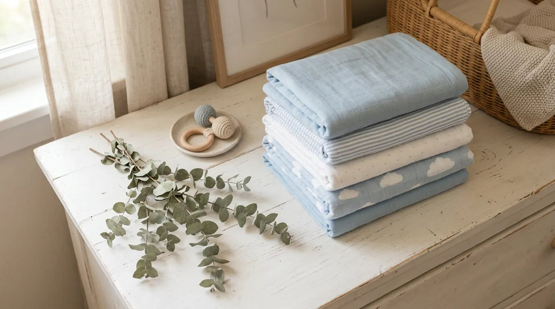 Collection de langes en mousseline de coton pliés avec soin sur une commode de nurserie | Securidou