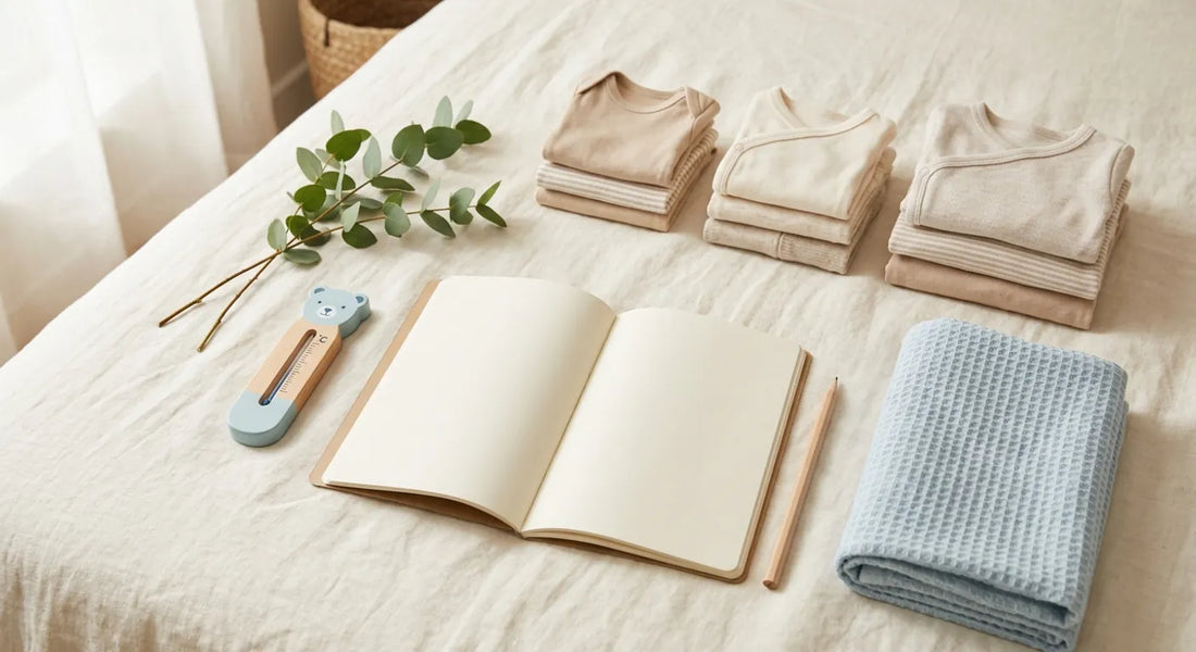 Préparation d'une liste de naissance : carnet, linge plié par tailles et thermomètre de bain