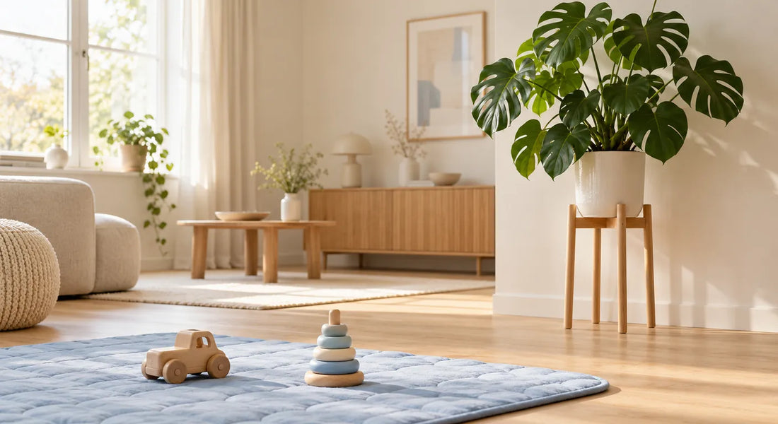 Grand monstera en pot posé en hauteur sur un support en bois dans un salon clair, tapis de jeu bleu au sol à distance