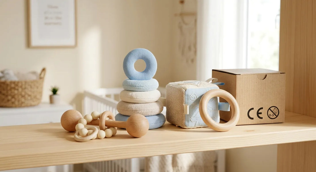 Jouets bébé certifiés CE selon norme EN 71 avec pictogramme d'âge visible sur l'emballage