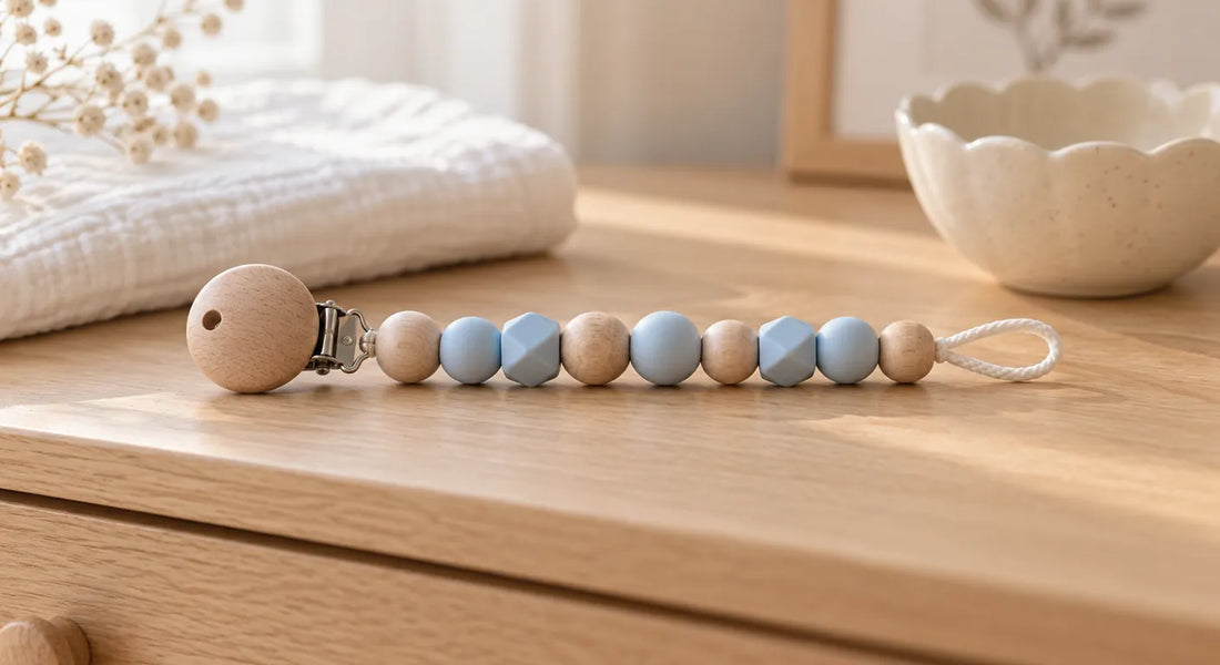 Attache-tétine courte en perles de bois et de silicone bleu, pince en bois percée, posée seule sur une commode