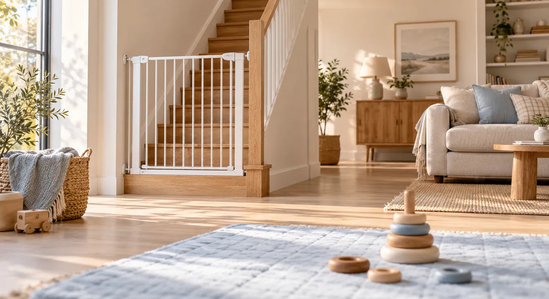 Escalier en bois fermé par une barrière blanche, tapis d'éveil bleu au premier plan dans un salon lumineux