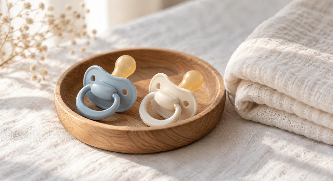 Deux sucettes à collerette bleue et crème posées dans une coupelle en bois sur un linge blanc
