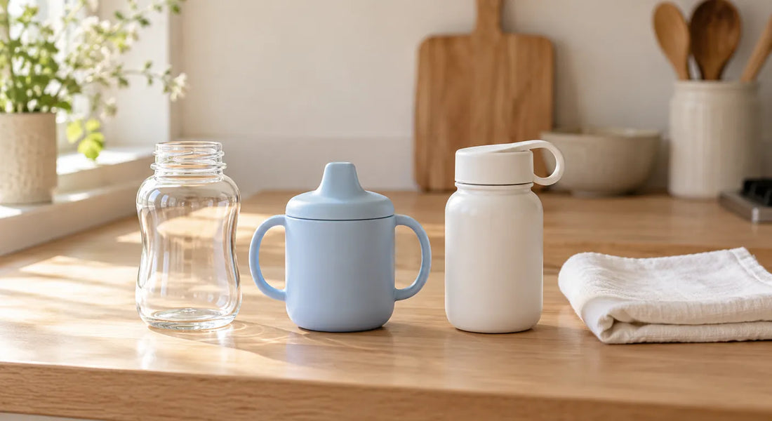 Biberon en verre, tasse d'apprentissage bleue et petite gourde blanche alignés sur un plan de travail en bois