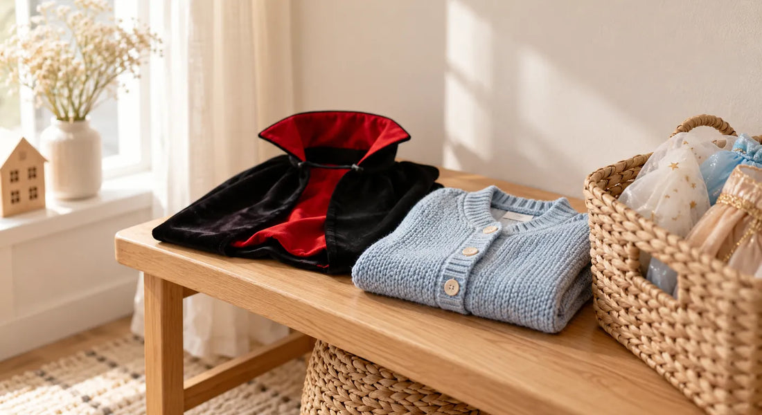 Cape de déguisement pour enfant pliée sur un banc en bois à côté d'un gilet bleu et d'un panier de costumes