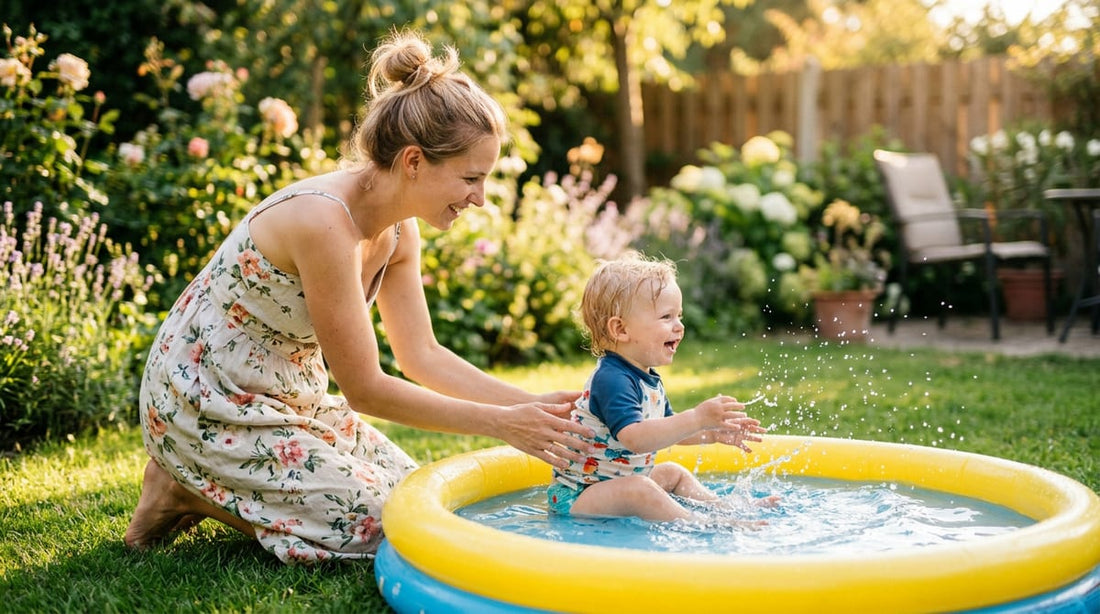 Mère et bébé rieurs jouant dans une petite piscine gonflable dans un jardin ensoleillé.
