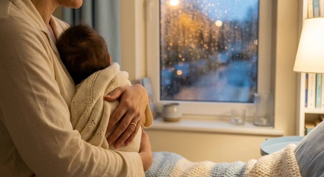 Bébé apaisé blotti contre un parent près d'une fenêtre pendant un orage calme et nocturne