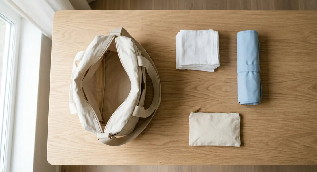 Vue de dessus d'un sac à langer ouvert dont le contenu est réparti en trois groupes distincts