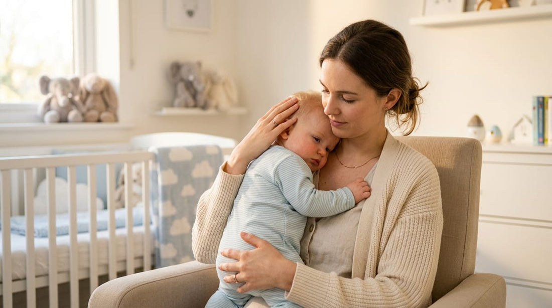 Maman berçant son bébé endormi dans une chambre d'enfant lumineuse et chaleureuse.