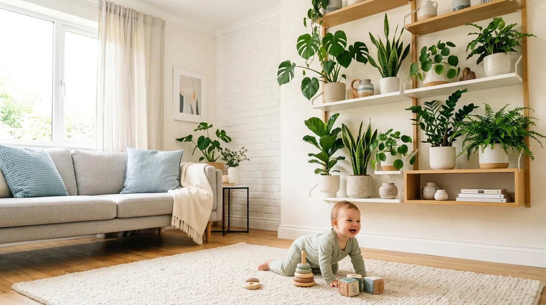 Plantes d interieur placees en hauteur hors de portee de bébé dans un salon sécurisé | Securidou