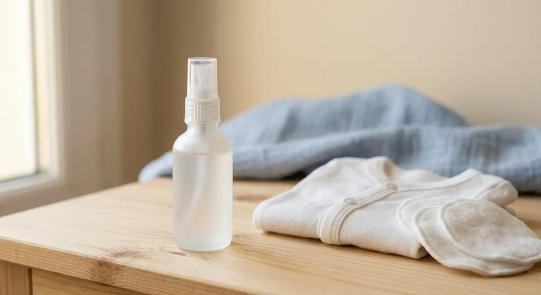 Flacon de parfum hypoallergénique pour bébé posé près d'un body en coton, sans allergènes ni phtalates