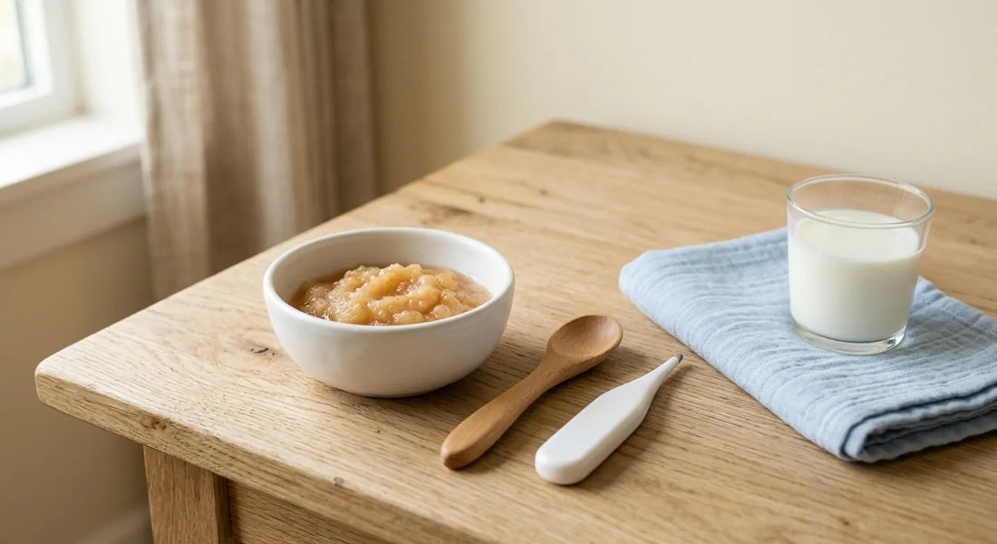 Compote froide et cuillère préparées pour un bébé atteint du pieds-mains-bouche qui a mal à la bouche