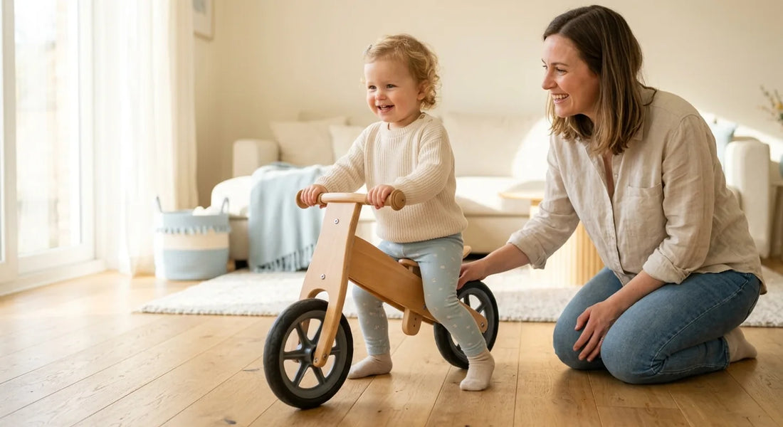 Tout-petit sur une draisienne en bois, pieds au sol, accompagné par un parent attentif