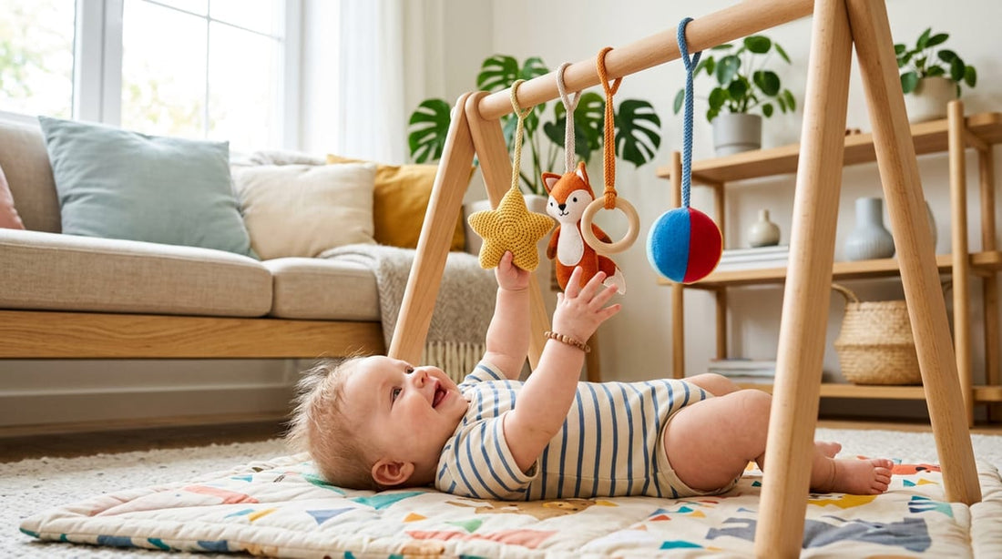 Bébé souriant sur un tapis de jeu, jouant avec un portique d'éveil en bois et ses jouets.
