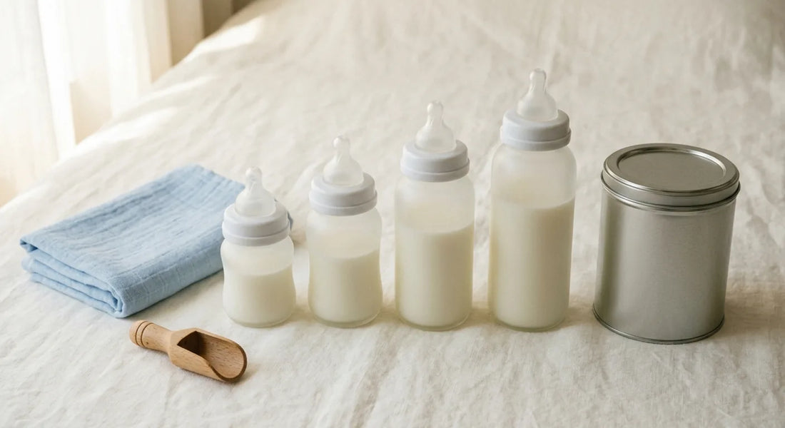 Biberons de lait alignés du plus petit au plus grand sur une table, avec boîte de lait et mesurette