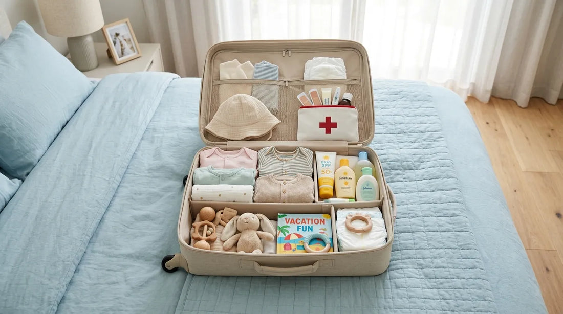 Valise ouverte avec affaires de bébé organisees pour les vacances incluant trousse de secours | Securidou