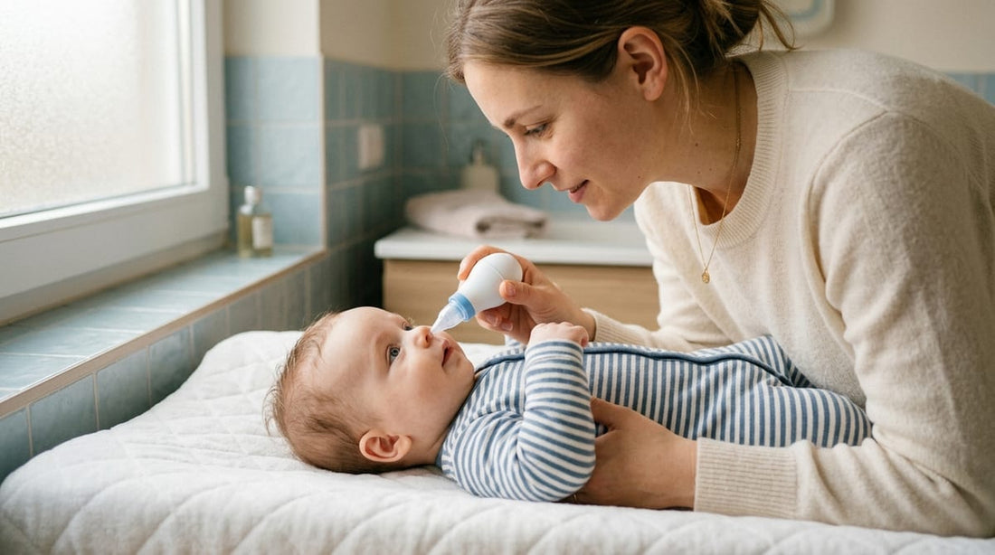 Maman nettoie le nez de son bébé allongé sur un matelas à langer, ambiance douce.