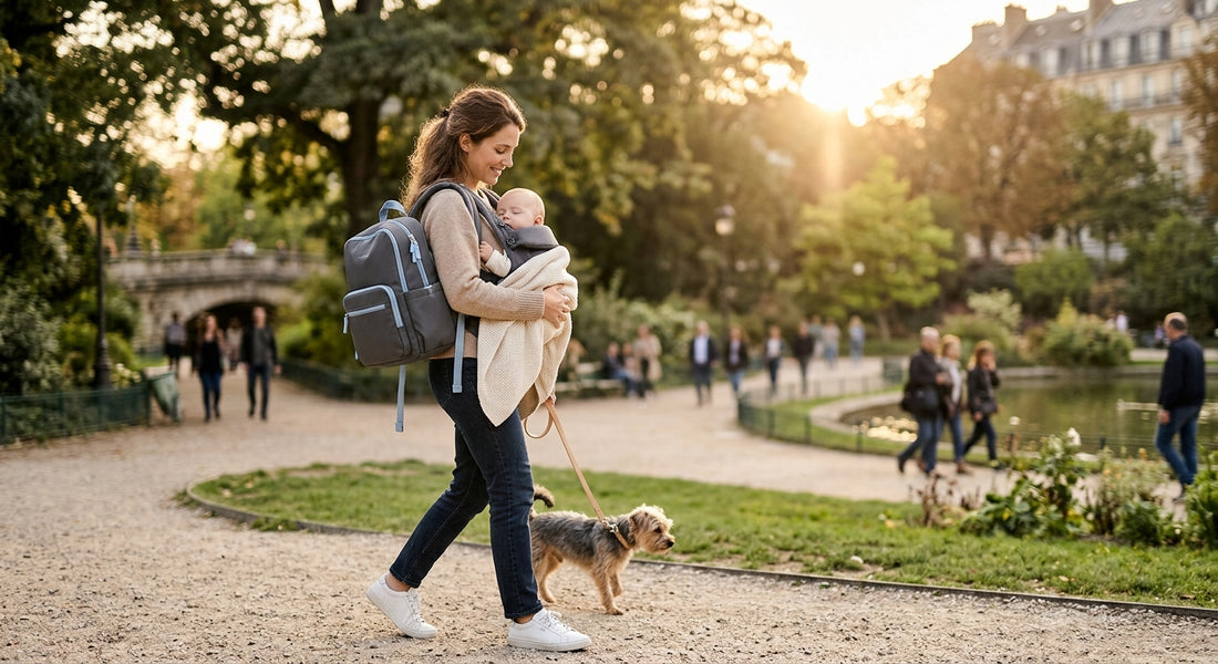 Parent en sortie avec son bébé en porte-bébé et un sac à dos à langer ergonomique