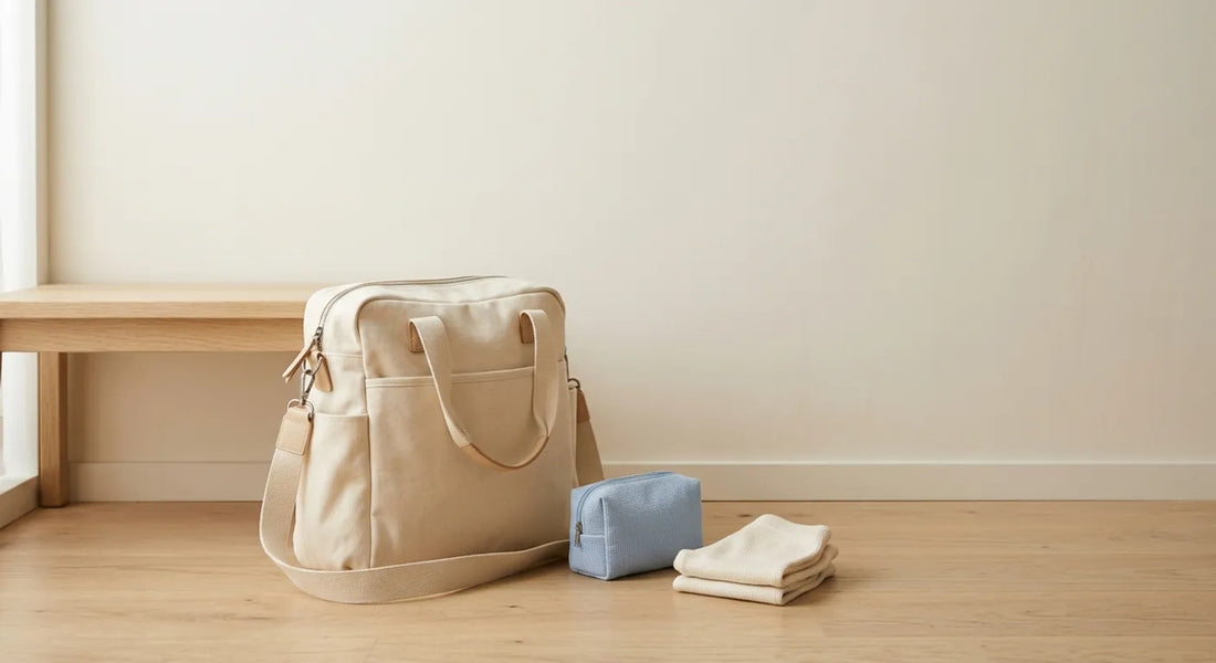 Sac à langer souple posé au sol près d'un banc, avec une pochette et un vêtement de jeune enfant